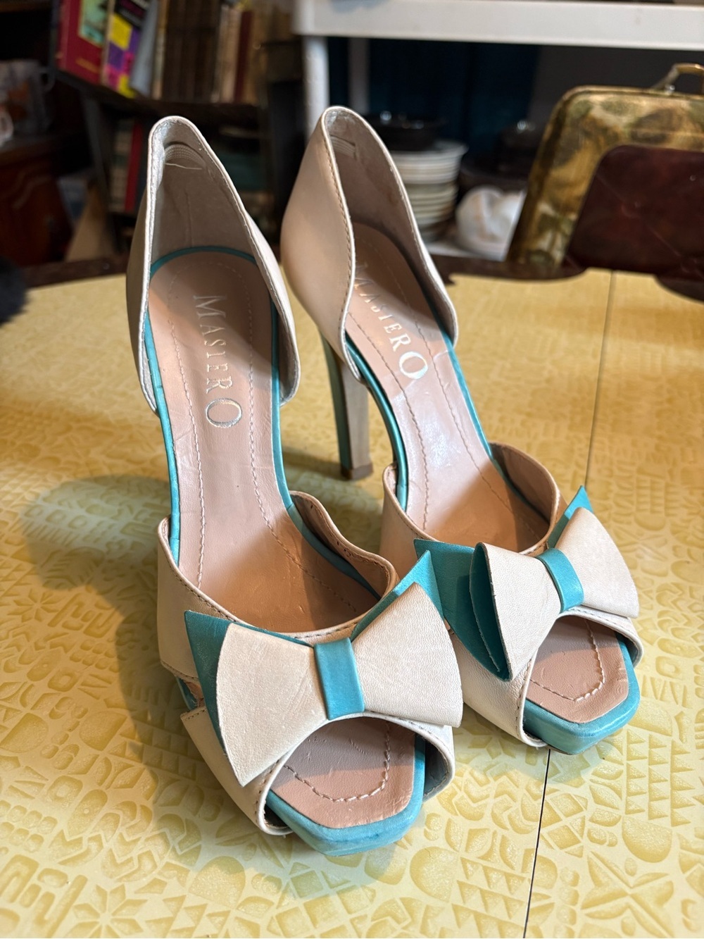 Vintage Beige and Teal Bow Peep-Toe Stiletto Heels